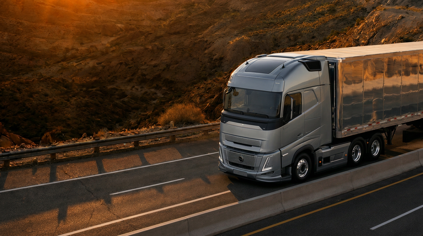 Truck with semi-trailer on a mountain road at sunset