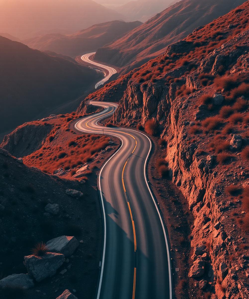 Truck with semi-trailer on a mountain road at sunset